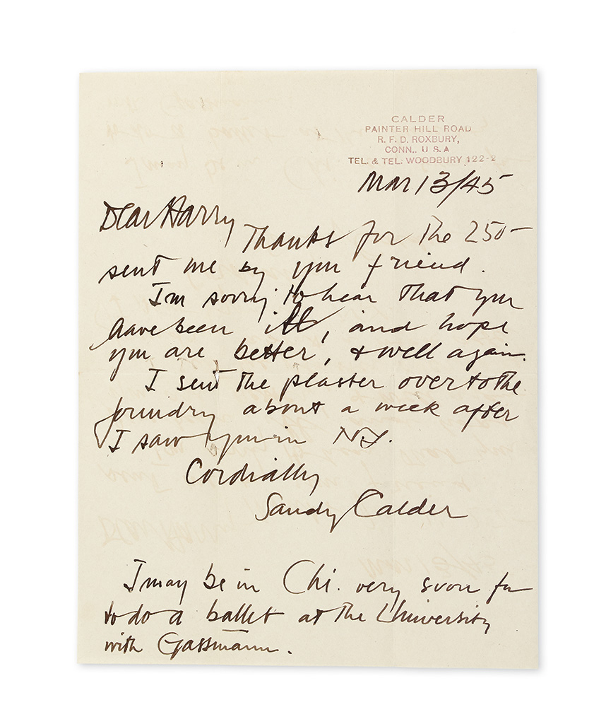 CALDER, ALEXANDER. Archive containing two Autograph Letters Signed and three Autograph Postcards Signed, to collector Harry Francis Bur